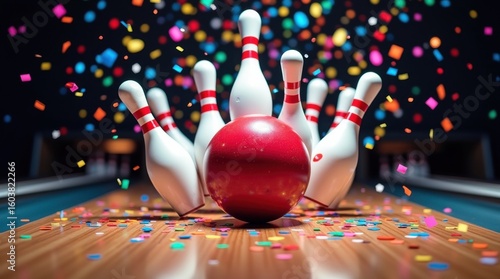 Bowling action with confetti celebration bowling alley fun event indoor sports dynamic perspective