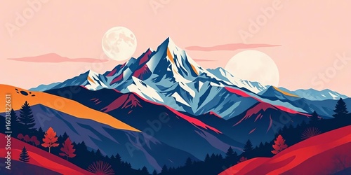 Abstract mid-century modern mountain landscape  Vector illustration, nature, art print, wall decor,  artwork,  style