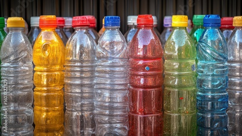 Colorful Bottles: A vibrant display of plastic water bottles, each filled with a unique colored liquid. Representing the issue of mass consumption and its environmental impact.