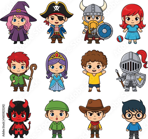Cartoon character set featuring witch, pirate, Viking, knight, princess, cowboy, devil, and kids in costumes, vector illustration isolated