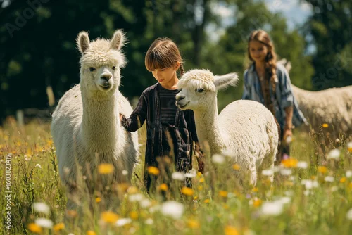Naklejka na ścianę Dzieci podczas terapeutycznego spaceru z alpakami. Kontakt ze zwierzętami wspiera rozwój emocjonalny i przynosi radość najmłodszym.
