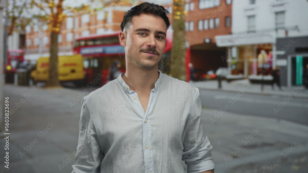 Fototapeta premium Young man with short hair standing on a busy city street with red buses and shops in the background, showcasing urban vibe and relaxed atmosphere.