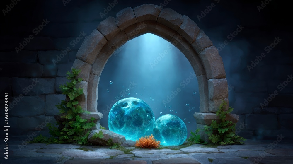 Fototapeta premium Ancient stone archway revealing luminous glowing orbs submerged in mystical blue water with bubbles