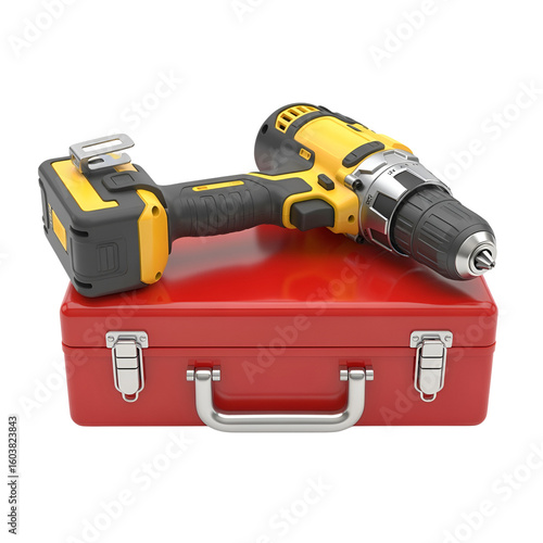Yellow Black Cordless Power Drill Resting on Red Toolbox