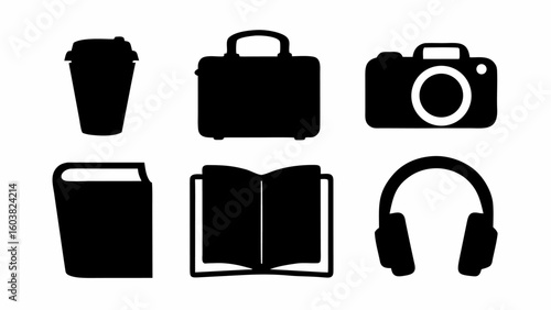Illustration of a coffee cup, briefcase, camera, closed book, open book, and headphones in black silhouette