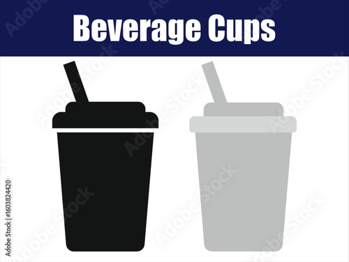 Two Beverage Cups with Straws in Flat Design. Flat graphic of black and gray cups with straws, showcasing minimal drink icon design.