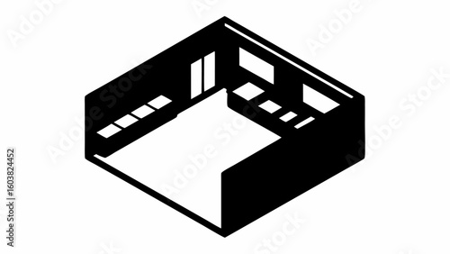 Isometric view of a room with a door and windows in black and white minimalist design showing interior space