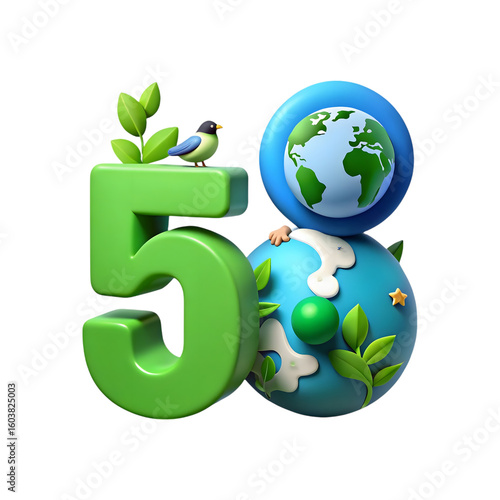 Fototapeta Naklejka Na Ścianę i Meble -  Green number 50 with planet earth and nature elements isolated on transparent background