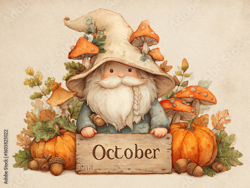 Whimsical gnome welcomes October with pumpkins and mushrooms in a cozy autumn setting