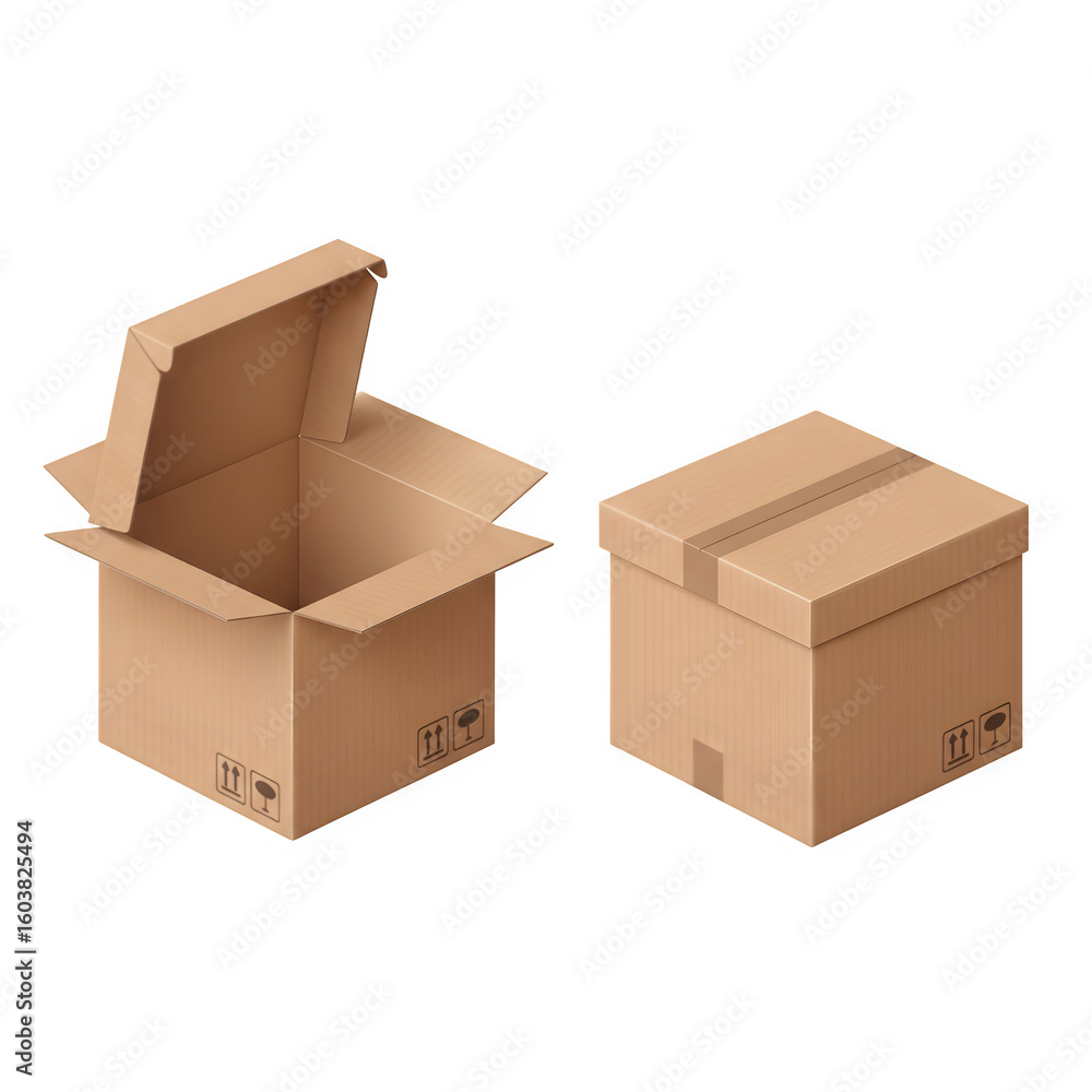 Fototapeta premium 3D realistic vector cartoon square boxes shown in both open and closed views. Isolated icon illustration set against a white background.