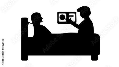 Silhouette of doctor showing x ray to patient lying in hospital bed for medical consultation and diagnosis
