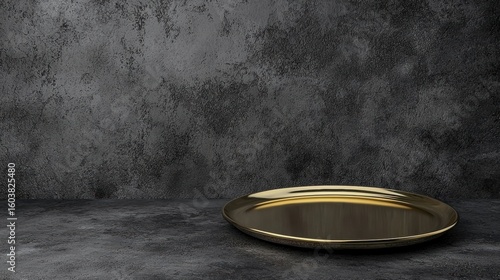 A shiny gold plate sits on a dark gray concrete floor.