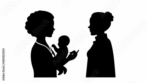 Silhouette of doctor holding baby while talking to mother in a black and white illustration style image
