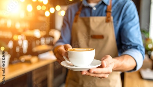 Barista offering latte in a coffee shop