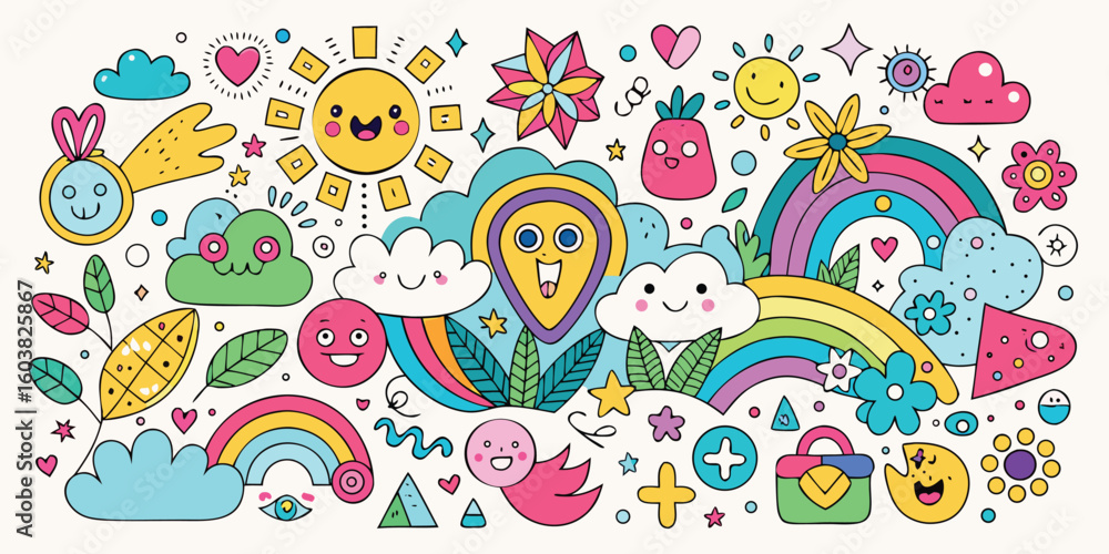 Fototapeta premium Cartoon floral seamless pattern with cute spring birds, butterflies, and colorful Easter eggs