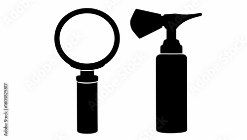 Illustration showing a magnifying glass and an otoscope rendered in solid black on a white background
