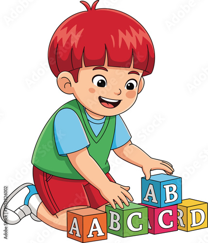 Cartoon child stacking colorful alphabet blocks A B C D, kneeling pose, educational playtime concept, vector illustration isolated on white
