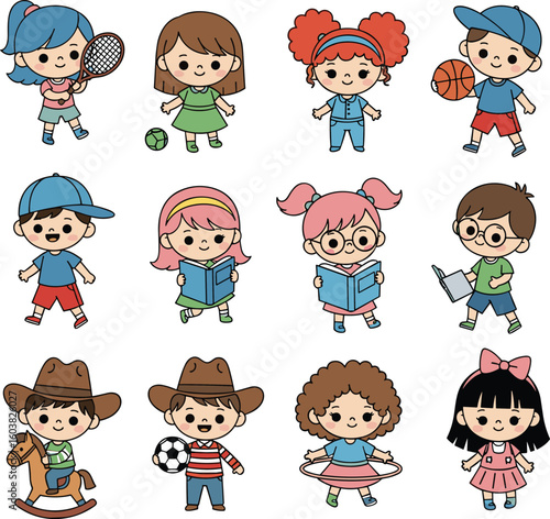 Wallpaper Mural Cartoon children in various activities including sports, reading, tech, and play, diverse outfits and hairstyles, vector illustration isolated on white Torontodigital.ca