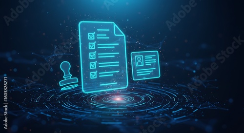 Neon digital icons of a checklist ID card and stamp on a futuristic glowing platform