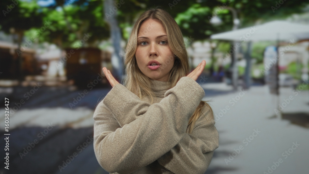 Fototapeta premium Blonde woman wearing beige turtleneck sweater crossing hands in x gesture on street; denial rejection.