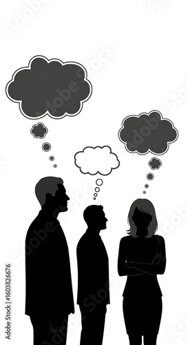 Silhouettes of diverse individuals with varying thought clouds above, representing different perspectives and ideas.