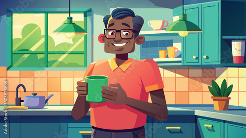 Man enjoying a drink in a bright modern kitchen