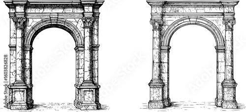 Hand-Drawn Classical Architectural Arch Sketches - Vintage Ornate Designs.