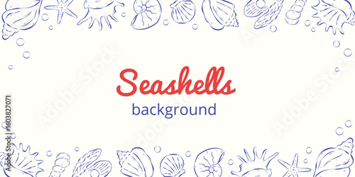 Horizontal backdrop on the coastal theme. Different seashells and bubbles are located above and below. Hand drawn italian sketch style. Blue rough ink lines.
