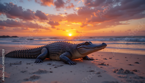 A close-up of a giant inflatable crocodile lounging on a sandy beach during sunset, playful and tropical, 4K and HD image.