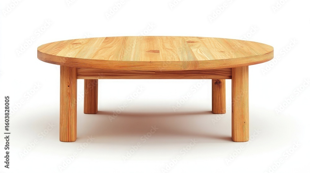 Fototapeta premium A round wooden table with four legs sitting on a white surface under bright lighting conditions