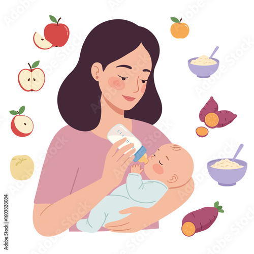 A loving mother gently feeds her newborn baby with a bottle, surrounded by healthy fruits and vegetables, symbolizing nutritious infant care and healthy eating habits for a happy and thriving baby.