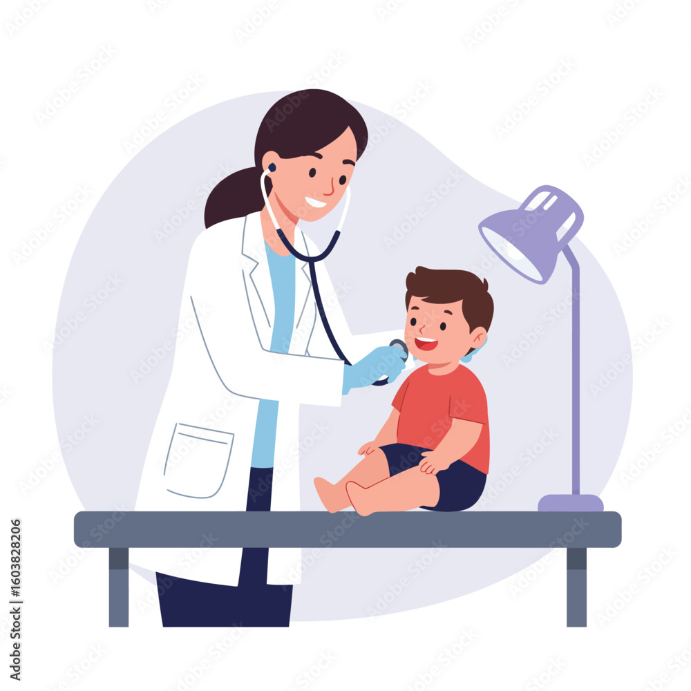 Fototapeta premium A friendly female doctor in a white coat uses a stethoscope to examine a smiling young boy sitting on a medical table in a clinic.