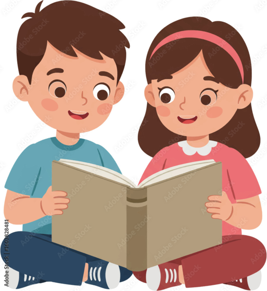 A charming cartoon of a young boy and girl reading a book together, illustrating childhood friendship, literacy, and shared learning. A charming cartoon of a young boy and girl reading a book together, illustrating childhood friendship, literacy, and shared learning.