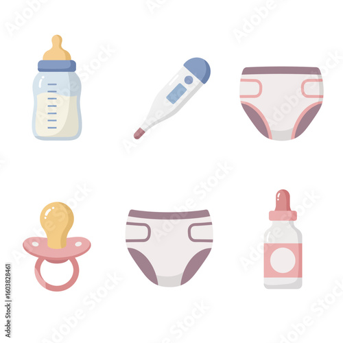 A collection of baby essentials, including a bottle, thermometer, diapers, pacifier, and medicine dropper, presented in a clean, modern, and colorful illustration.