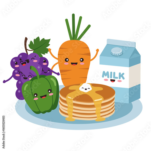 Cute cartoon fruits, vegetables, and dairy products happily arranged on a plate with pancakes, ideal for children's books, healthy eating campaigns, or food blogs.