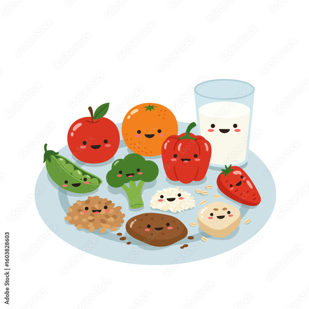 Fototapeta premium A healthy and happy meal of fruits, vegetables, grains and dairy is presented on a plate with cute kawaii character designs, perfect for children's books, healthy eating campaigns, and educational