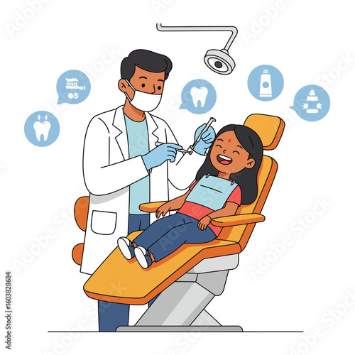 A cheerful young girl smiles brightly while receiving a dental checkup from a caring dentist in a modern, well-equipped clinic setting.