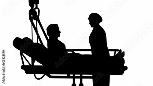 Silhouette of patient on medical lift with nurse in hospital setting for healthcare assistance and support
