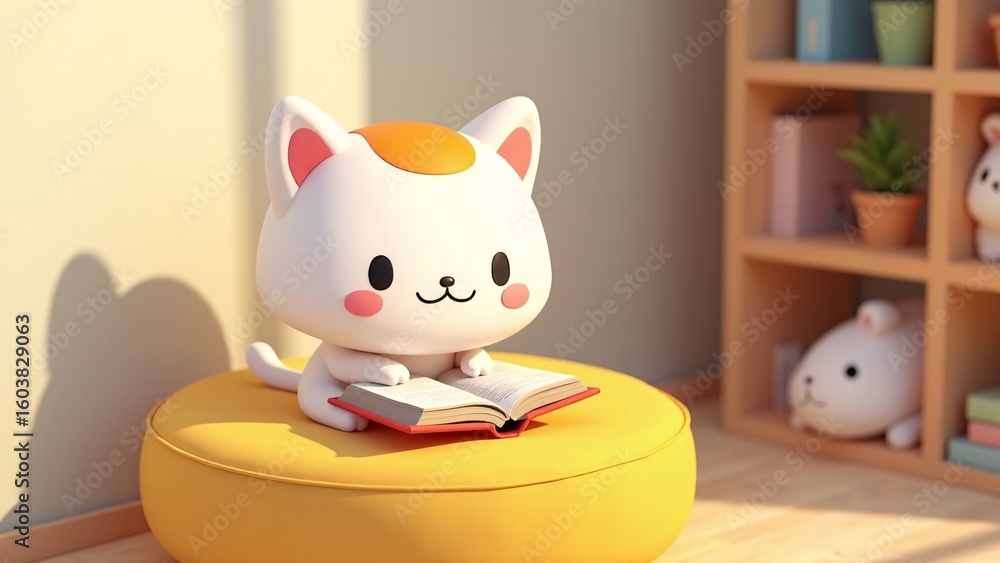 Fototapeta premium Cute Cartoon Cat Reading on a Pouf