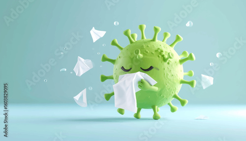 Cartoonish green virus character with closed eyes, holding a white tissue, surrounded by floating tissue pieces.