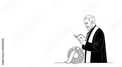Pastor reading Bible at funeral with wreath in line art style