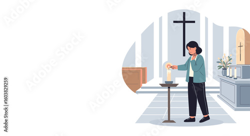Woman lighting candle in church interior flat style illustration
