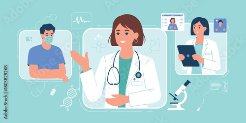 medical professionals collaborating with diagnostic visuals and microscope, concept illustration of healthcare, research and patient care on white background