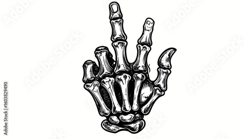 Detailed illustration of a skeletal hand gesturing peace against a white background.