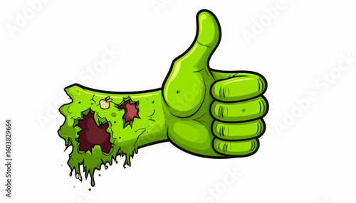 A decaying green zombie hand gives a thumbs-up gesture.