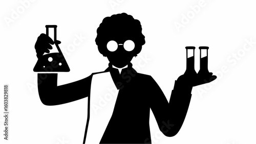 Silhouette of a scientist holding a flask and test tubes in a laboratory setting performing experiments