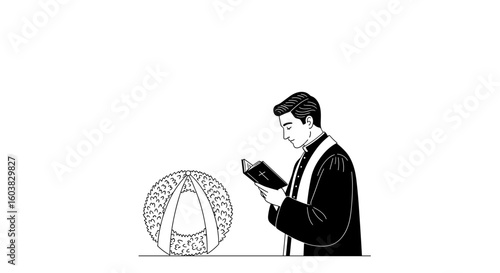 Pastor reading from Bible at funeral in minimalist illustration