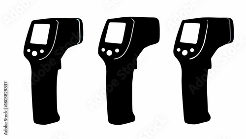 Three black infrared thermometers with screens and buttons in a simple graphic design style image