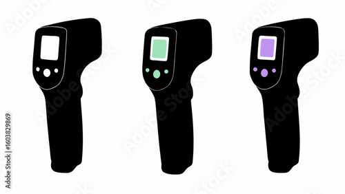 Illustration of three black non contact thermometers with different screen colors on a white background