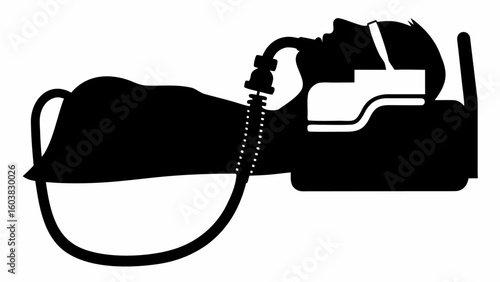 Silhouette of patient in hospital bed with medical equipment connected to their face for treatment use